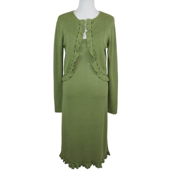 SAINT TROPEZ Green Knit Silk Blend Midi Dress & Ruffle Cardigan Set Size Large - Picture 1 of 14